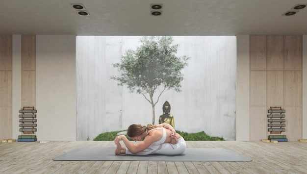 A split image showing two different meditation positions – one person sitting cross-legged on a cushion, eyes closed, and another person seated in a chair with feet flat on the floor, hands resting in their lap, both displaying peaceful expressions.