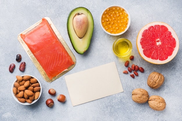A diverse array of foods rich in vitamin D, including fatty fish like salmon, fortified milk, eggs, and mushrooms. The arrangement is colorful and appetizing, suggesting the various dietary sources available to increase vitamin D intake. The lighting is bright and natural, enhancing the visual appeal of the foods.
