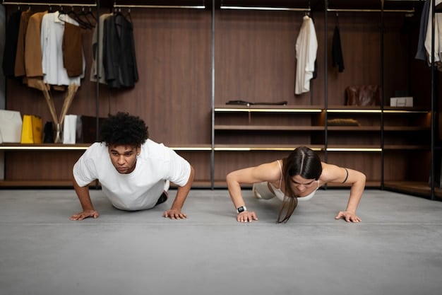 A person doing a variety of exercises (squats, push-ups, planks) in a home gym setting, showcasing a full-body workout. The focus is on demonstrating different exercises working various muscle groups.