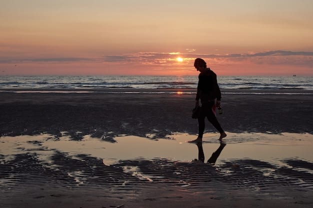A person walking barefoot on a sandy beach at sunset, with gentle waves lapping at their feet, symbolizing the calming and restorative effect of spending time in nature.