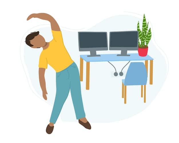 A person doing stretching exercises at their desk during a work break, showcasing simple movements like arm stretches and shoulder rolls.