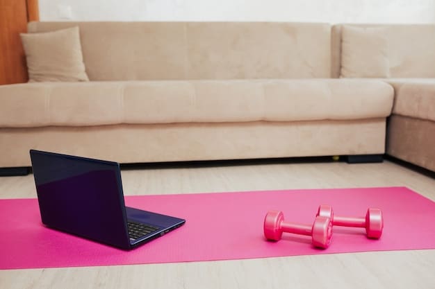 A home gym setup with a treadmill, yoga mat, and dumbbells, creating a dedicated fitness space in a home office.