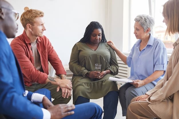 A diverse group of people participating in a support group session, emphasizing the community aspect and shared experiences in dealing with financial and mental health challenges.