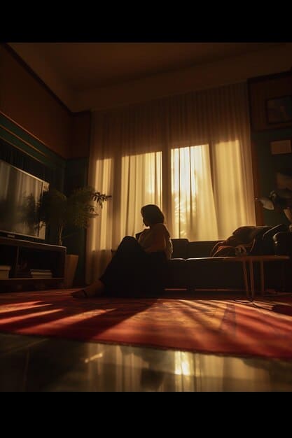 A person sitting on a couch in a dimly lit room, looking sad and withdrawn. The scene is set indoors with warm, muted colors to create a sense of loneliness and reflection.