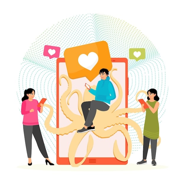 An illustration depicting a person surrounded by screens showing perfect lives on social media, contrasted with a thought bubble showing their own perceived imperfections.