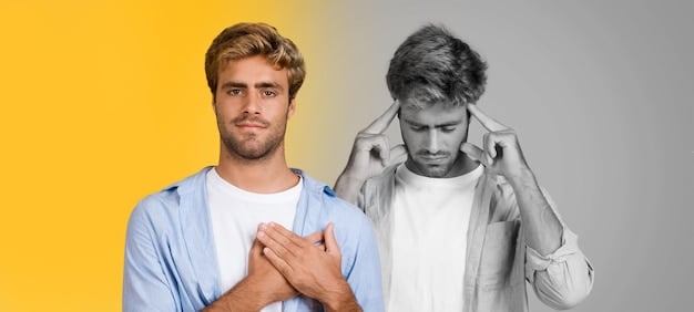 A split image showing on one side a person with anxious thoughts and on the other side the same person using a coping strategy to manage anxiety.
