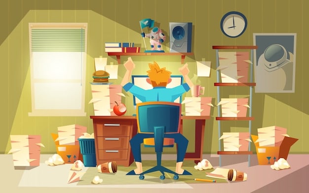 A person sitting at a desk, visibly stressed, surrounded by piles of paperwork and a cluttered workspace. Their hands are on their forehead, indicating feelings of overwhelm and anxiety.