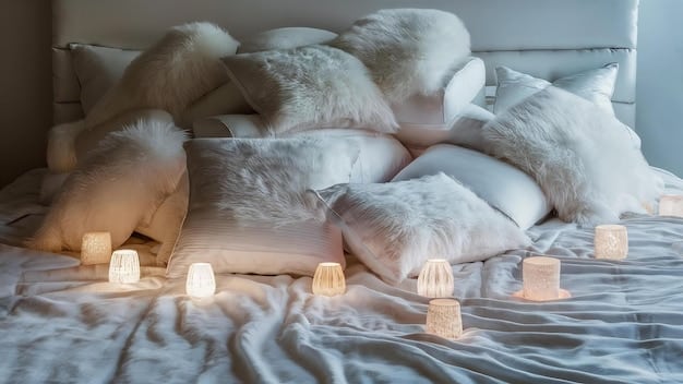 A serene bedroom with soft lighting, featuring a comfortable bed with plush pillows and a cozy blanket. An open book rests on the nightstand, and the scene conveys a sense of calm and relaxation conducive to good sleep.