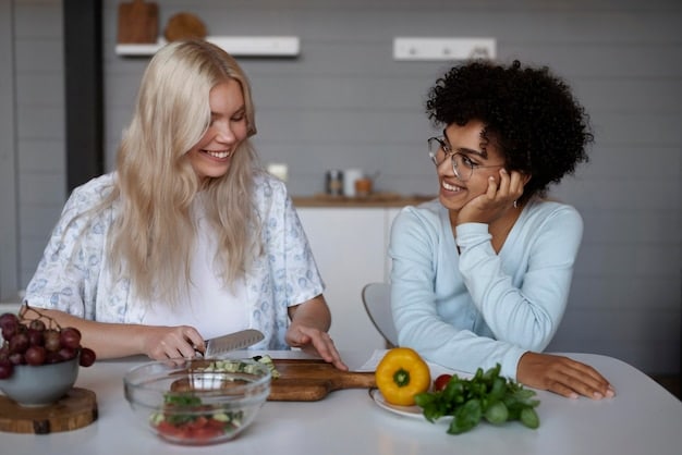 A woman is calmly and assertively communicating her needs to her partner while sitting at a kitchen table, her body language confident yet gentle, showing the essence of setting a healthy boundary.