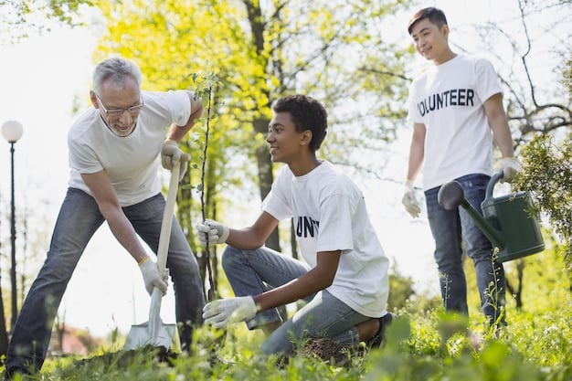 A diverse group of people smiling and laughing together while planting trees in a park, signifying teamwork, community, and the joy of environmental contribution.