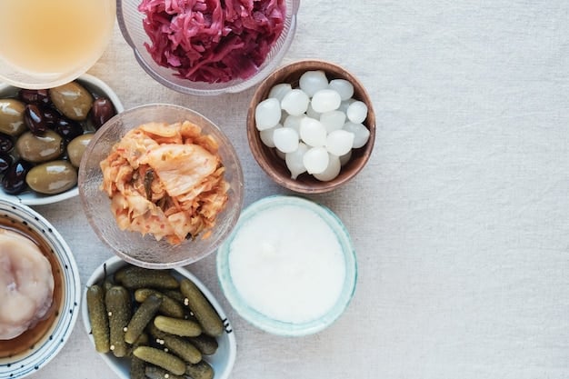 A close-up shot of various probiotic-rich foods like yogurt, kefir, sauerkraut, and kimchi arranged on a wooden table, highlighting the importance of these foods for gut health and mental well-being.