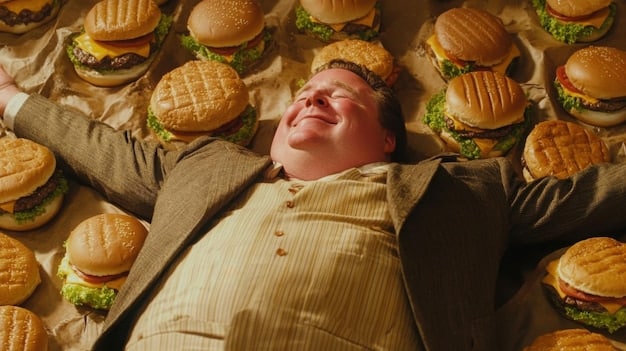 A person looking stressed and overwhelmed, surrounded by fast food items like burgers, fries, and sugary drinks, symbolizing the negative impact of unhealthy food choices on mental health.