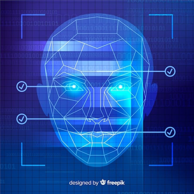 A close-up of a security camera, with facial recognition gridlines overlaid on a person's face. The person looks concerned and is trying to cover their face with their hand.