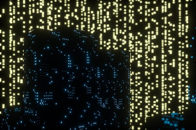 A blurred image of court building with binary code cascading down, symbolizing the difficulty of finding accountability in AI-driven judicial systems.