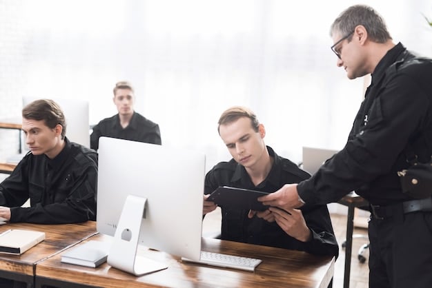 A team of cybersecurity professionals in a conference room, engaged in a tabletop exercise to simulate a cyber incident. The scene shows a projector screen displaying a mock network intrusion scenario, with team members discussing response strategies and coordinating actions.