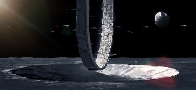 Detailed digital rendering of the Lunar Gateway, showing its modules and solar arrays orbiting the Moon, emphasizing its role as a staging point for lunar missions and future deep-space exploration.