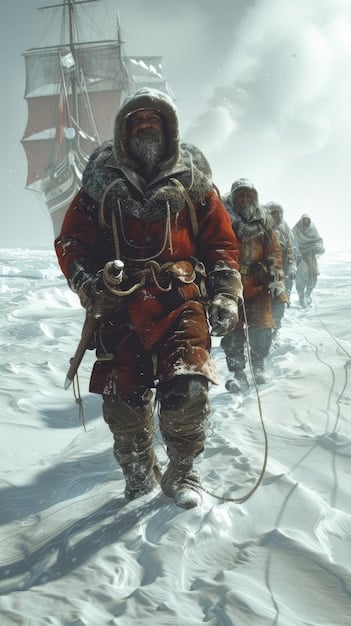 Artistic rendering of astronauts exploring the lunar south pole, highlighting the potential for discovering and utilizing water ice resources and the rugged terrain of the region.