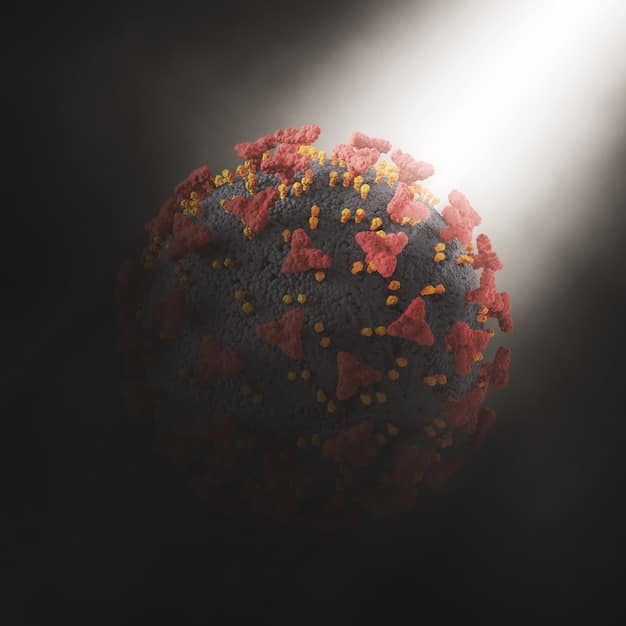 A close-up render of a satellite with visible impact damage from space debris, showing small craters and punctures on its surface. The Earth is visible in the background.