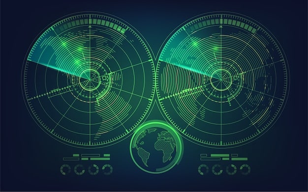 A graphical representation of the Space Surveillance Network, showing various radar and optical sensors around the world tracking objects in space. Trajectory lines indicate the paths of different pieces of debris.