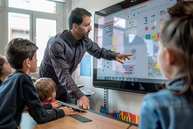 A teacher analyzing a dashboard displaying student performance data generated by an AI-powered educational platform in a US school.