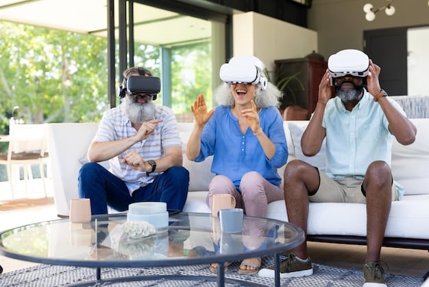 A diverse group of professionals from the US wearing VR headsets, collaborating on a virtual project in a photorealistic metaverse office setting. The scene shows them interacting with holographic data visualizations and digital prototypes.