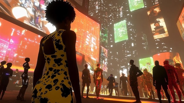 A vibrant metaverse scene where people from diverse backgrounds in the US are attending a virtual concert, represented by digital avatars. The stage features a holographic performer, and the audience members are interacting with each other through chat and emotes.