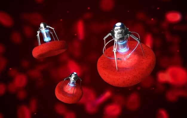 A depiction of nanobots navigating through the bloodstream, delivering drugs directly to cancer cells. The image illustrates the precision and targeted approach of nanomedicine in treating diseases.