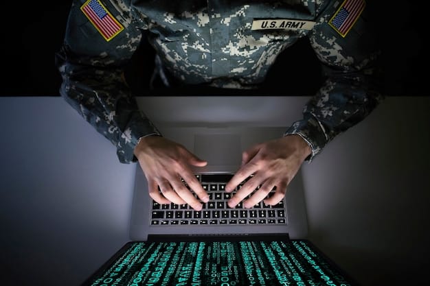A digital rendering of a US military cybersecurity interface with code scrolling and AI algorithms analyzing potential threats. The interface is filled with data visualizations and alerts, showcasing the AI's ability to detect and respond to cyberattacks in real-time.