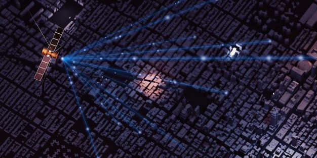 A depiction of AI analyzing satellite imagery, highlighting potential threats and strategic locations. The AI interface shows data overlays and predictive models, indicating the system's capability to enhance intelligence gathering and improve decision-making.
