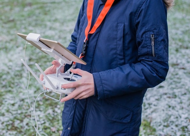 A close-up of an FAA official inspecting a commercial drone before a flight, with a checklist in hand and wearing a high-visibility vest. The drone is on a launchpad, and the background shows an airport runway.