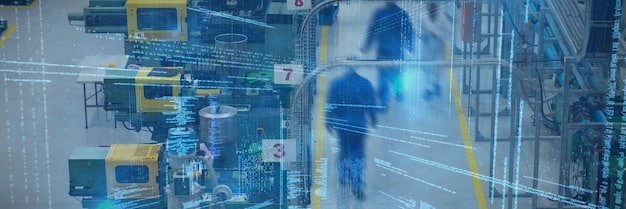 A network of IoT sensors monitoring a robotic assembly line in a US automotive factory, displaying real-time data analytics.