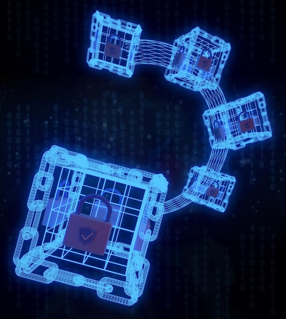A digital representation of blockchain technology securing a supply chain network, emphasizing transparency and traceability in the flow of goods and information.