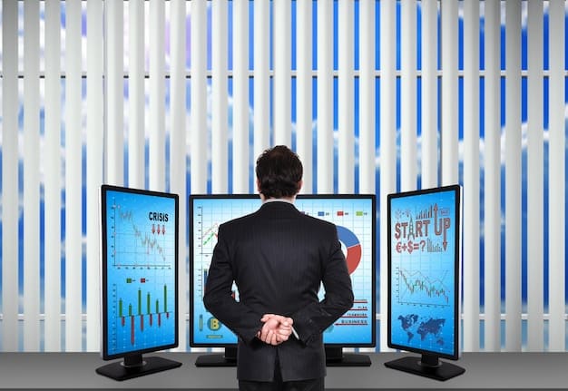 A businessman standing confidently in front of a digital screen displaying various risk management charts and strategies, showcasing preparedness for an economic slowdown in 2025.