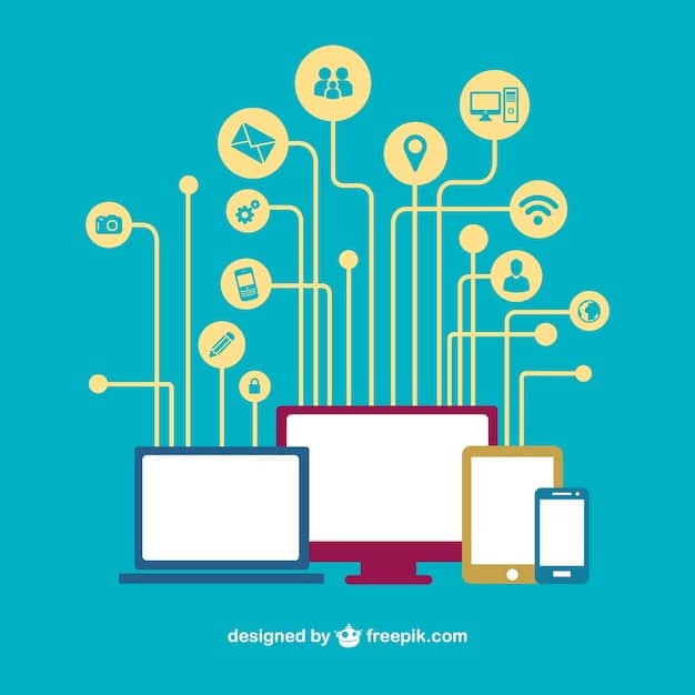 An illustration of diverse interconnected devices (laptops, tablets, smartphones) displaying various business applications and data dashboards, symbolizing seamless technology integration and data flow across different departments of a company, enhancing collaboration and productivity.