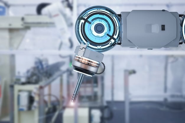 A close-up of a robotic arm working on a production line, with a focus on the precision and speed of the automated process.