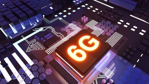 A close-up of a 5G modem chip, highlighting the intricate design and advanced technology that enables high-speed connectivity. The background includes a blurred image of a tech company campus, symbolizing innovation and progress.