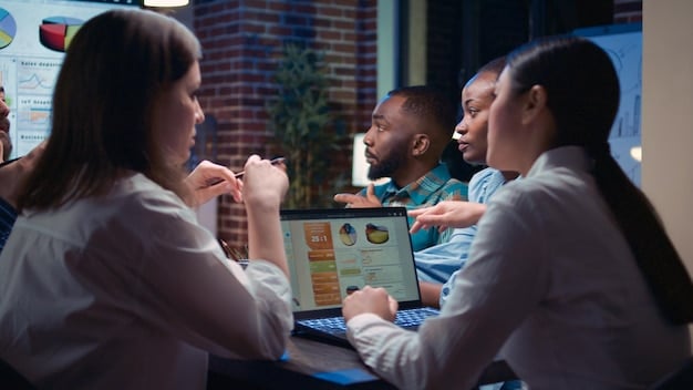 A diverse team collaborating around a digital display showing data analytics, with confident expressions, symbolizing strategic decision-making and operational efficiency.