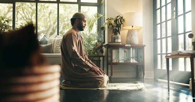 A serene scene of a US adult practicing mindfulness meditation in a cozy indoor setting, with soft lighting and calming elements like plants and a natural color palette. The image should convey a sense of peace and stress reduction.