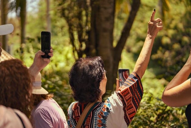 A person putting their phone down and engaging in a real-world activity, such as hiking in nature with friends, conveying a sense of joy and connection.