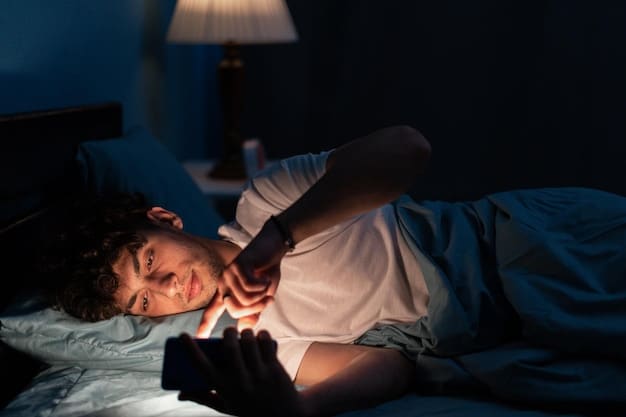 A person lying in bed at night, unable to sleep, with their phone emitting a bright light and displaying social media content. The room is dark, emphasizing the person's isolation and the disruption of their sleep cycle.