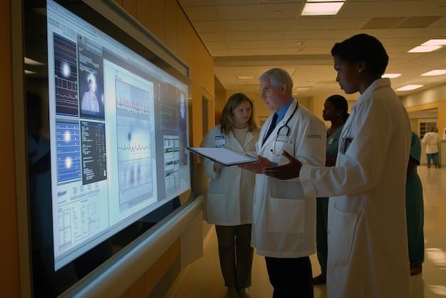 A diverse group of doctors and data scientists collaborating around a large screen displaying an AI-analyzed medical image. The scene emphasizes teamwork and the fusion of human expertise with AI technology in healthcare.