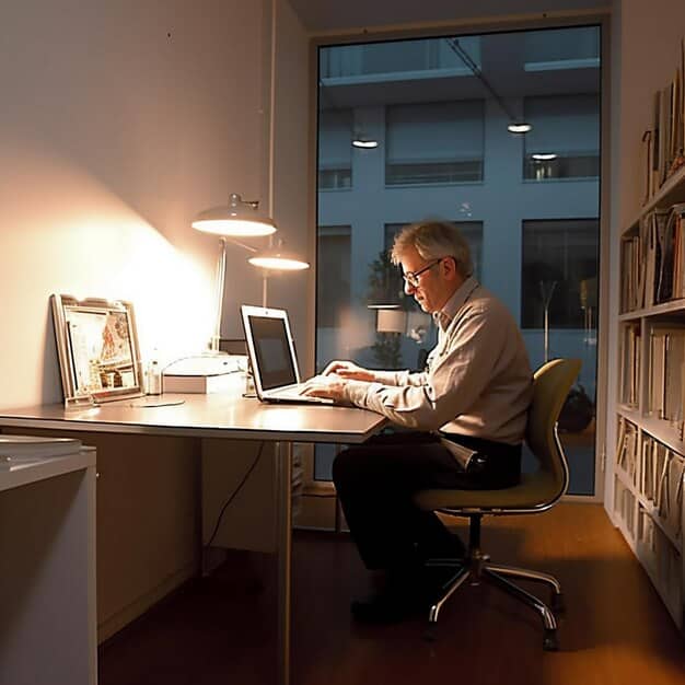 A person working from a dedicated home office space, complete with a computer, desk lamp, and business-related documents, illustrating an ideal setup for claiming home office deductions.