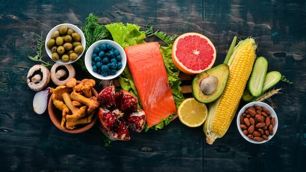 An overhead shot of a colorful and diverse selection of foods rich in Vitamin D, including fatty fish (salmon, mackerel), fortified dairy products, and egg yolks. The arrangement of the food is visually appealing, highlighting the variety of dietary options.