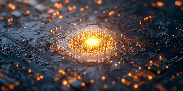 A complex, abstract visualization of a quantum chip optimizing energy flow in a smart grid, highlighting the connections and data processing capabilities.