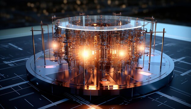 A visualization of a quantum computer optimizing a smart grid, balancing energy supply and demand in real-time. The image should feature interconnected nodes representing power plants, storage facilities, and consumer locations, with quantum algorithms dynamically adjusting energy flow for maximum efficiency.