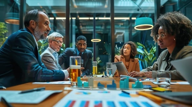 A diverse group of professionals collaborating in a boardroom. The atmosphere is collaborative and focused, with team members discussing financial strategies.