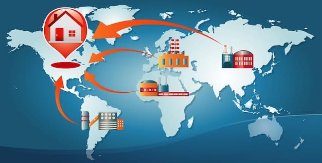 A visual representation of a diversified supply chain with multiple suppliers from different geographic locations feeding into a central manufacturing hub, symbolizing reduced dependency on any single source.