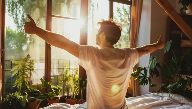 A person looking refreshed and energetic after waking up, with sunlight streaming through the window. The scene conveys a feeling of improved sleep and well-being.
