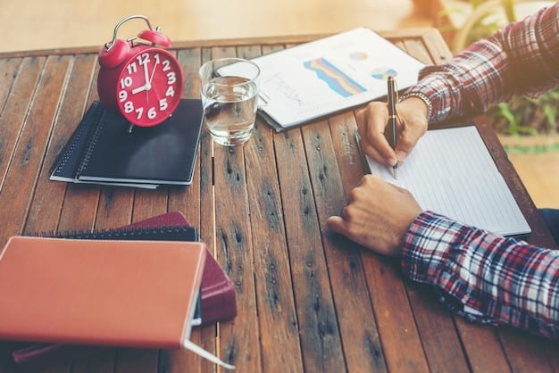 A person using the Pomodoro Technique with a timer on their desk, indicating focused work intervals followed by short breaks. The scene includes a notebook with a to-do list.