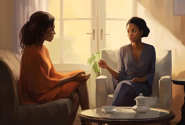 A therapist and a client sitting across from each other, engaged in a conversation. The therapist is pointing to a diagram illustrating the connection between thoughts, feelings, and behaviors.